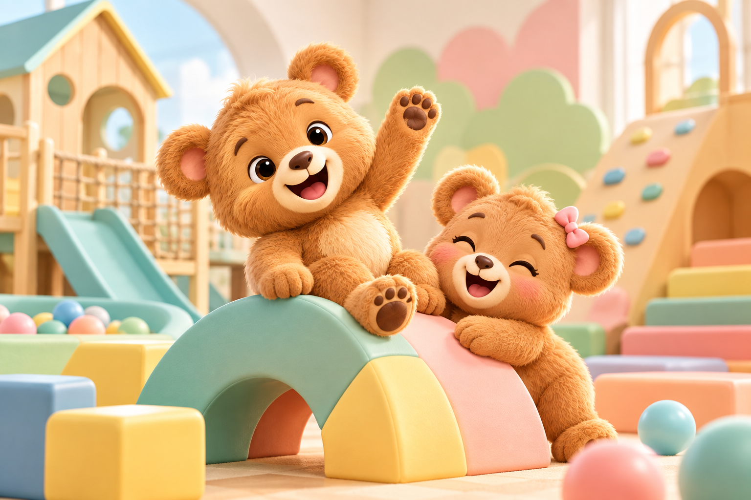 Two playful Little Bears characters climbing over soft pastel play blocks