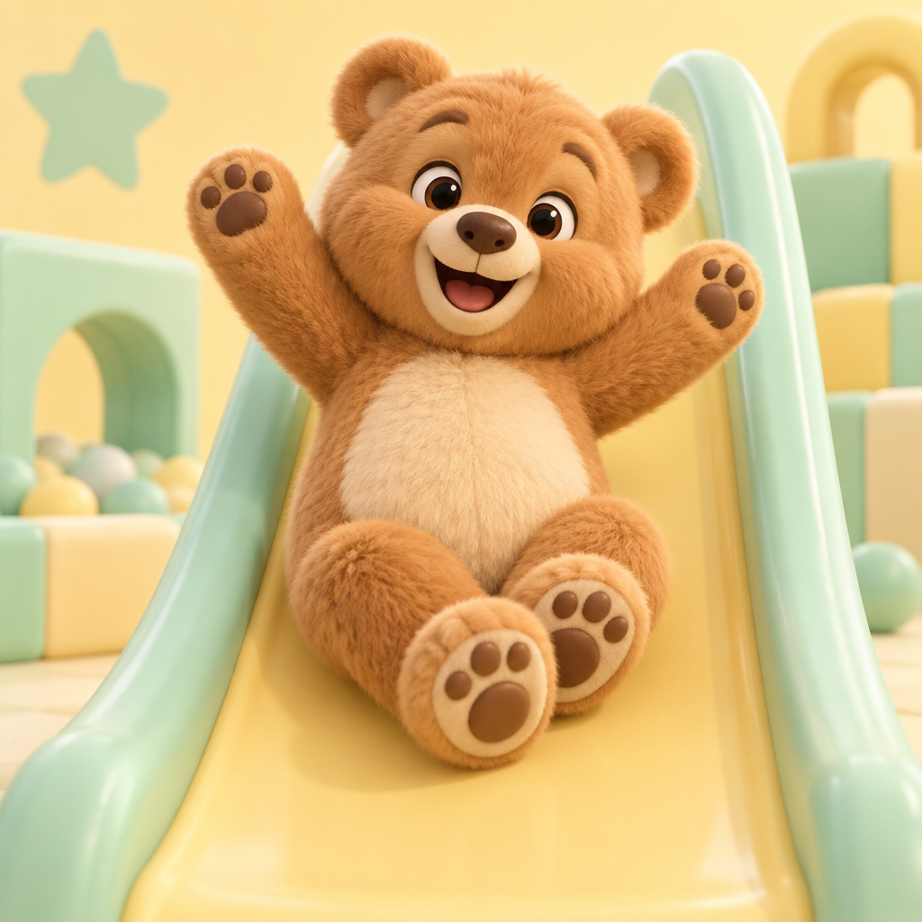 A joyful Little Bear sliding down a soft play slide