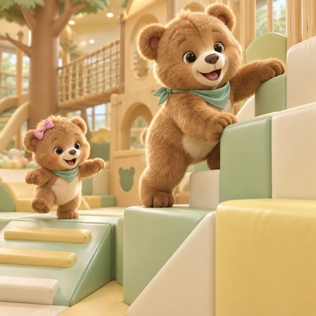 Little Bears climbing soft pastel play blocks while a toddler bear follows up a padded ramp