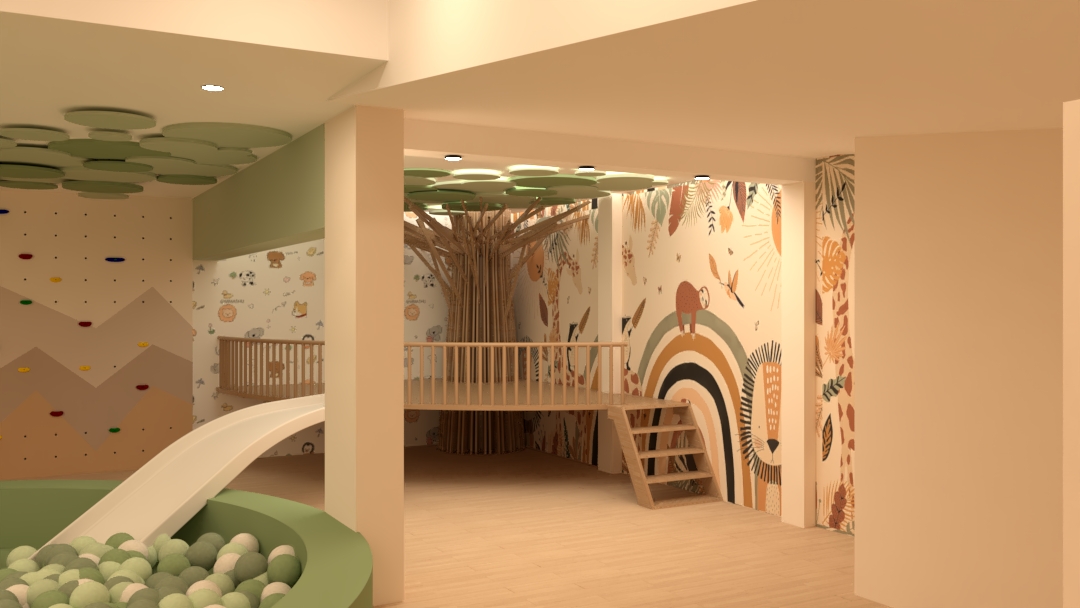 Little Bears indoor woodland play space with wooden play structures and a slide
