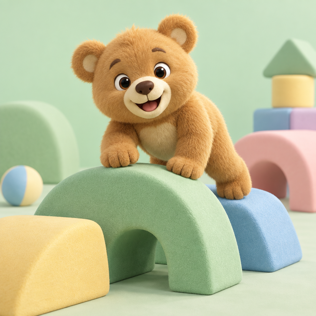 A Little Bear climbing over soft pastel play blocks