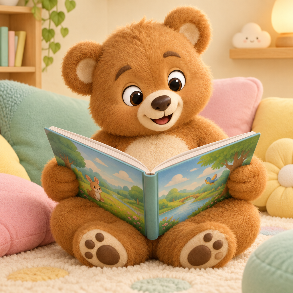 A Little Bear enjoying story time in a cosy reading corner