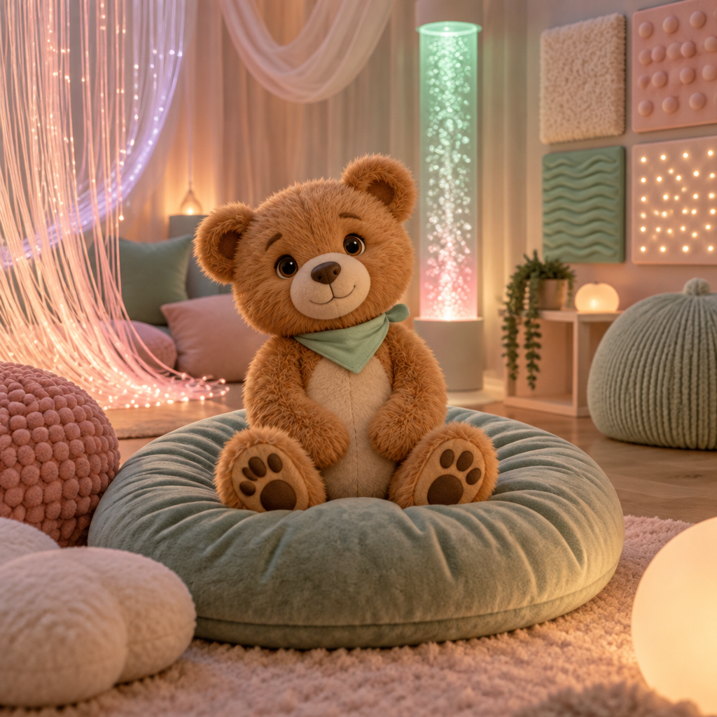 A Little Bear sitting calmly in the softly lit inclusive sensory room